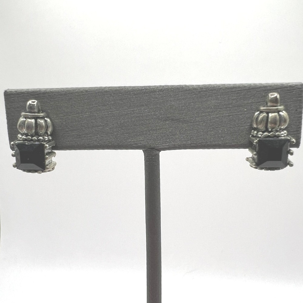 Vintage Pierced Earrings Crown Black‎ Glass Stone Silver Tone Stud
